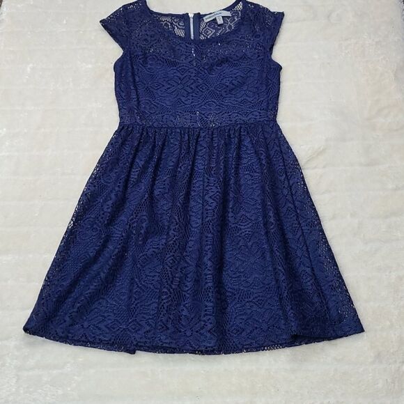 Bailey Blue Navy Lace Overlay Cap Sleeve Fit & Flare Skater Dress Small Boho - Picture 7 of 8